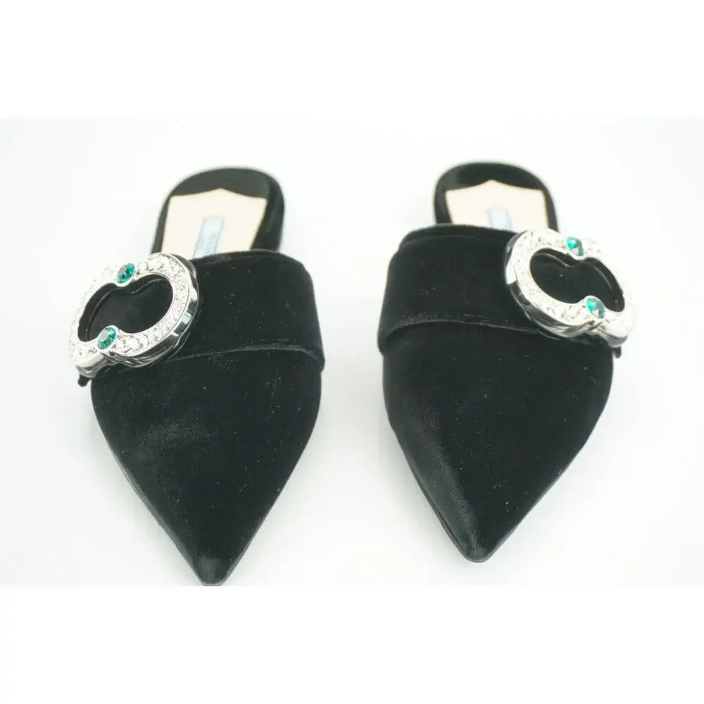 Prada Velvet Crystal Broach Pointy Mule Flat jewel broach